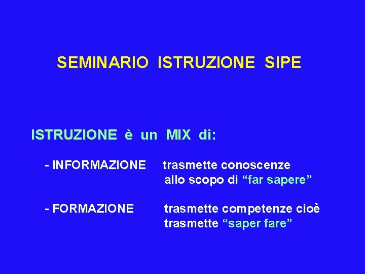 SEMINARIO ISTRUZIONE SIPE ISTRUZIONE è un MIX di: - INFORMAZIONE trasmette conoscenze allo scopo