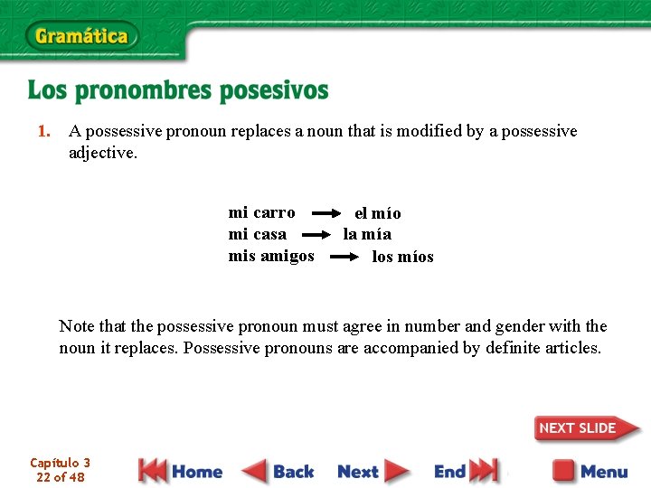 1. A possessive pronoun replaces a noun that is modified by a possessive adjective.