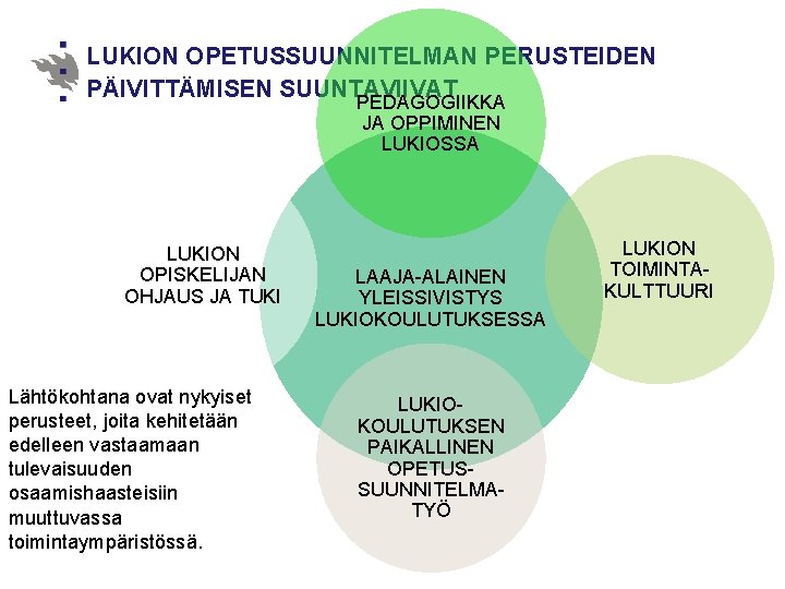 LUKION OPETUSSUUNNITELMAN PERUSTEIDEN PÄIVITTÄMISEN SUUNTAVIIVAT PEDAGOGIIKKA JA OPPIMINEN LUKIOSSA LUKION OPISKELIJAN OHJAUS JA TUKI