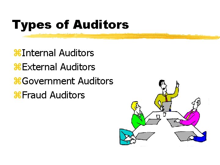 Types of Auditors z. Internal Auditors z. External Auditors z. Government Auditors z. Fraud