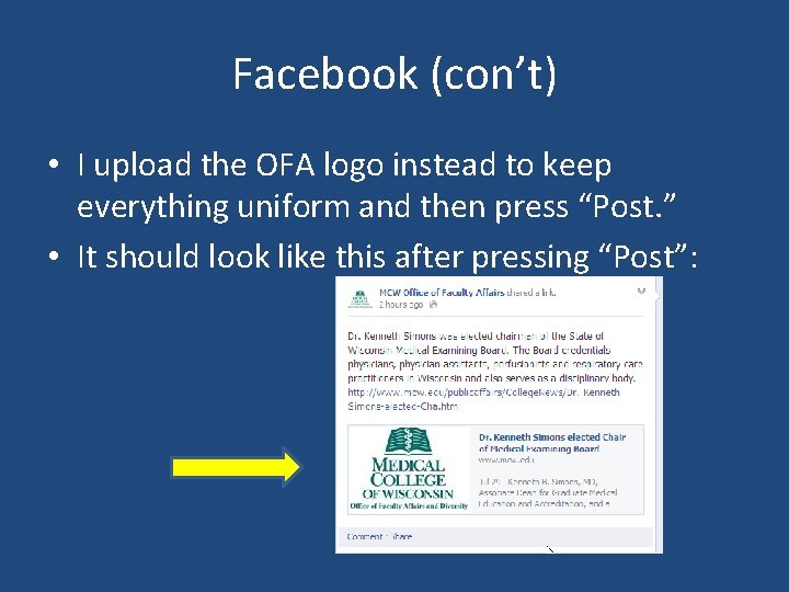 Facebook (con’t) • I upload the OFA logo instead to keep everything uniform and