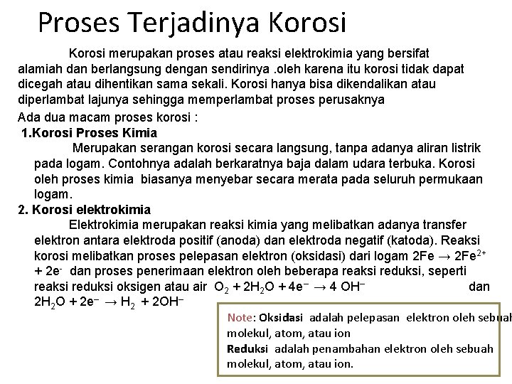 Proses Terjadinya Korosi merupakan proses atau reaksi elektrokimia yang bersifat alamiah dan berlangsung dengan