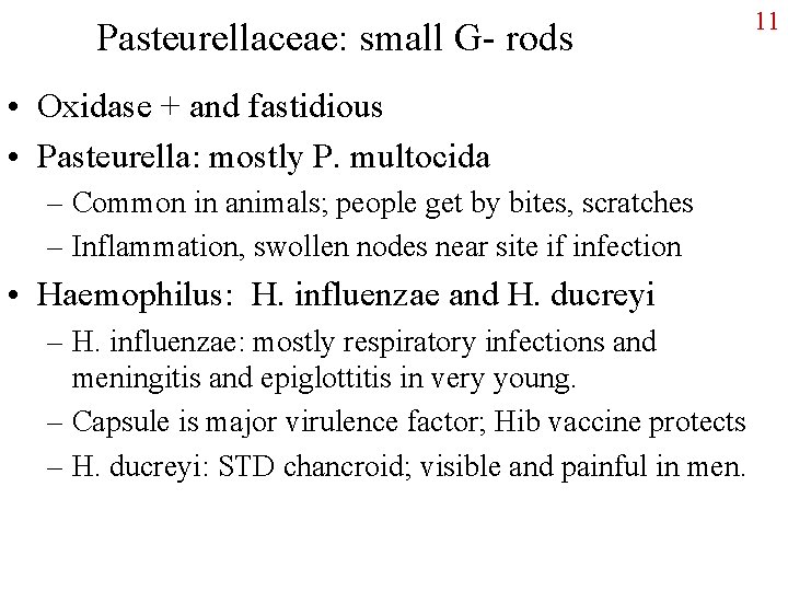 Pasteurellaceae: small G- rods • Oxidase + and fastidious • Pasteurella: mostly P. multocida