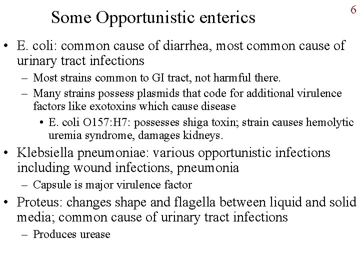 Some Opportunistic enterics 6 • E. coli: common cause of diarrhea, most common cause
