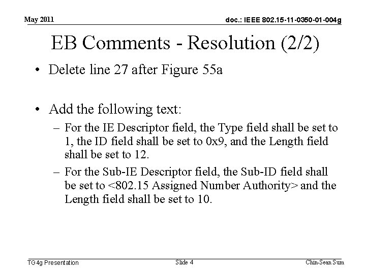 May 2011 doc. : IEEE 802. 15 -11 -0350 -01 -004 g EB Comments