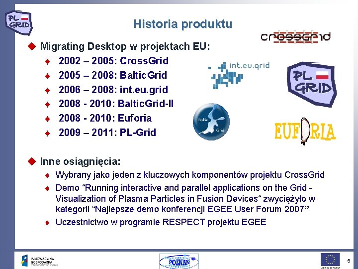 Historia produktu u Migrating Desktop w projektach EU: t 2002 – 2005: Cross. Grid Historia produktu u Migrating Desktop w projektach EU: t 2002 – 2005: Cross. Grid