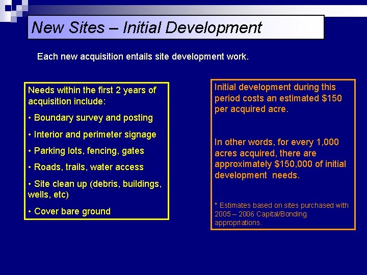 New Sites – Initial Development Each new acquisition entails site development work. Needs within