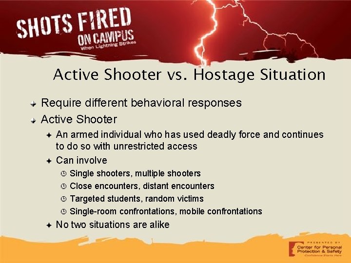 Active Shooter vs. Hostage Situation Require different behavioral responses Active Shooter ✦ ✦ An