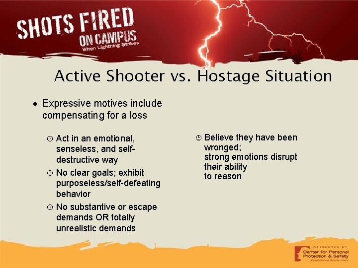 Active Shooter vs. Hostage Situation ✦ Expressive motives include compensating for a loss Act