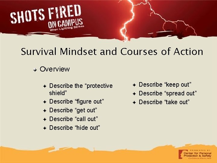 Survival Mindset and Courses of Action Overview ✦ ✦ ✦ Describe the “protective shield”