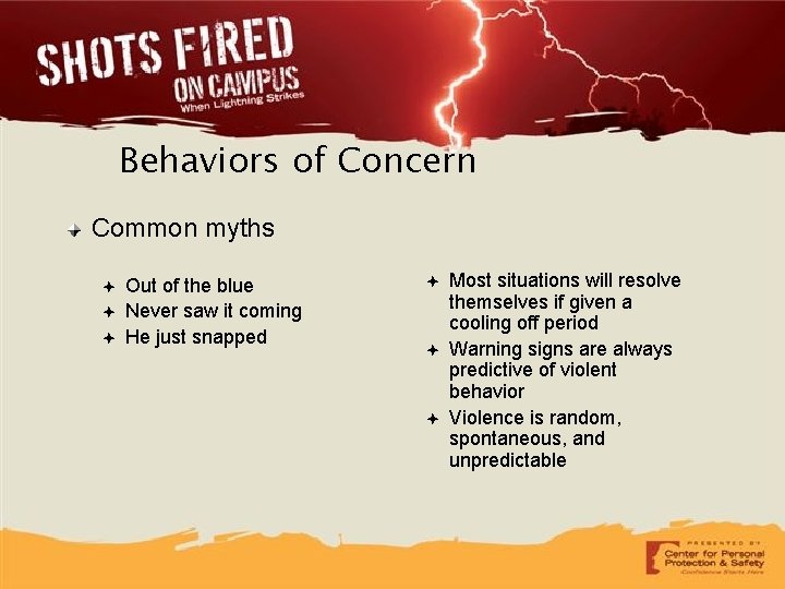 Behaviors of Concern Common myths ✦ ✦ ✦ Out of the blue Never saw
