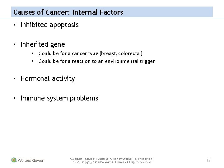 Causes of Cancer: Internal Factors • Inhibited apoptosis • Inherited gene • Could be