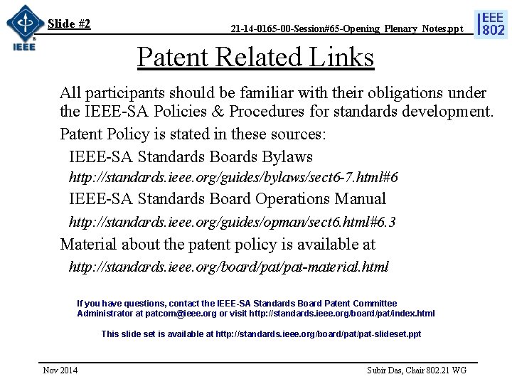 Slide #2 21 -14 -0165 -00 -Session#65 -Opening_Plenary_Notes. ppt Patent Related Links All participants