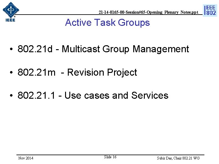 21 -14 -0165 -00 -Session#65 -Opening_Plenary_Notes. ppt Active Task Groups • 802. 21 d