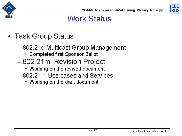 21 -14 -0165 -00 -Session#65 -Opening_Plenary_Notes. ppt Work Status • Task Group Status –