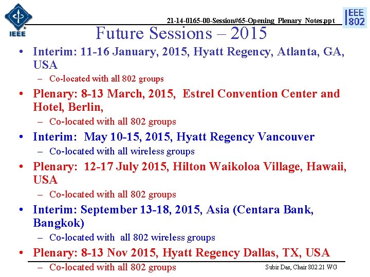 21 -14 -0165 -00 -Session#65 -Opening_Plenary_Notes. ppt Future Sessions – 2015 • Interim: 11