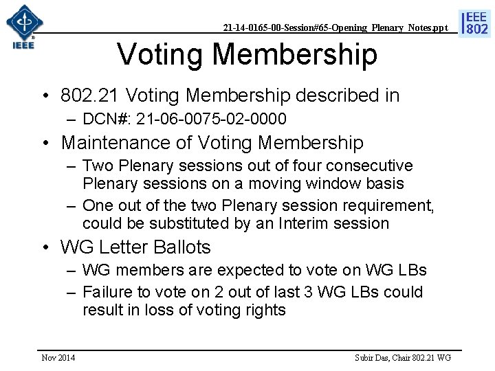 21 -14 -0165 -00 -Session#65 -Opening_Plenary_Notes. ppt Voting Membership • 802. 21 Voting Membership