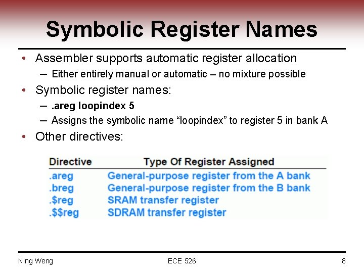 Symbolic Register Names • Assembler supports automatic register allocation ─ Either entirely manual or