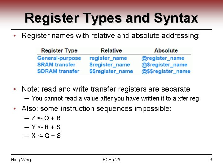 Register Types and Syntax • Register names with relative and absolute addressing: • Note:
