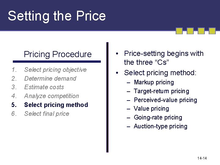 Setting the Pricing Procedure 1. 2. 3. 4. 5. 6. Select pricing objective Determine Setting the Pricing Procedure 1. 2. 3. 4. 5. 6. Select pricing objective Determine