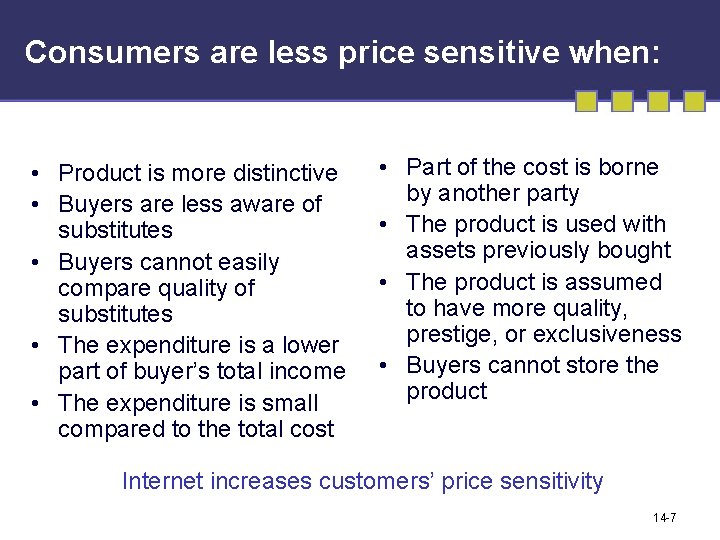 Consumers are less price sensitive when: • Product is more distinctive • Buyers are