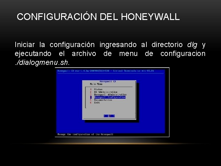 CONFIGURACIÓN DEL HONEYWALL Iniciar la configuración ingresando al directorio dlg y ejecutando el archivo