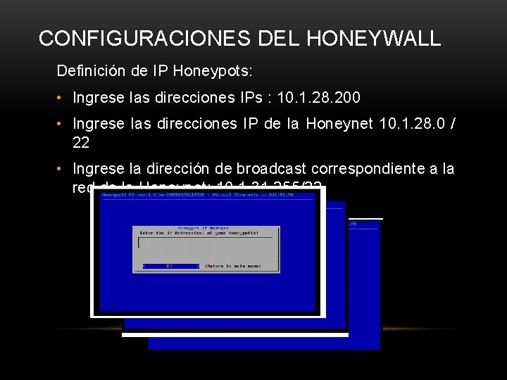 CONFIGURACIONES DEL HONEYWALL Definición de IP Honeypots: • Ingrese las direcciones IPs : 10.