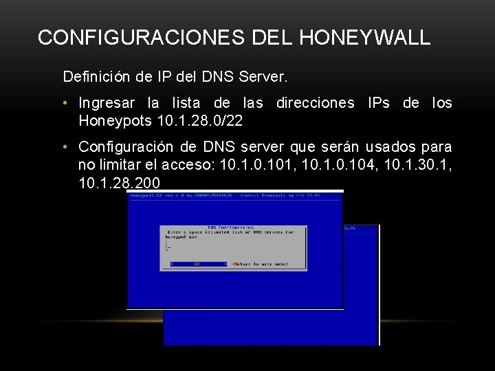 CONFIGURACIONES DEL HONEYWALL Definición de IP del DNS Server. • Ingresar la lista de