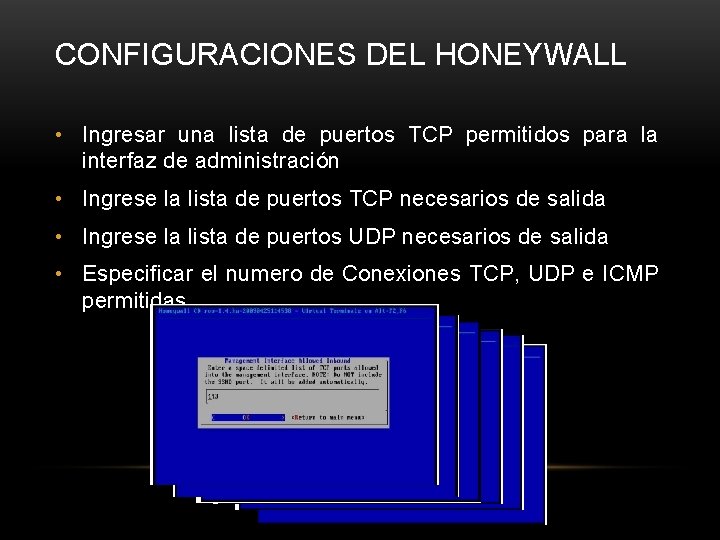 CONFIGURACIONES DEL HONEYWALL • Ingresar una lista de puertos TCP permitidos para la interfaz