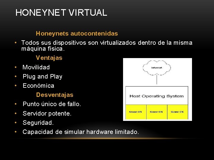 HONEYNET VIRTUAL • • Honeynets autocontenidas Todos sus dispositivos son virtualizados dentro de la