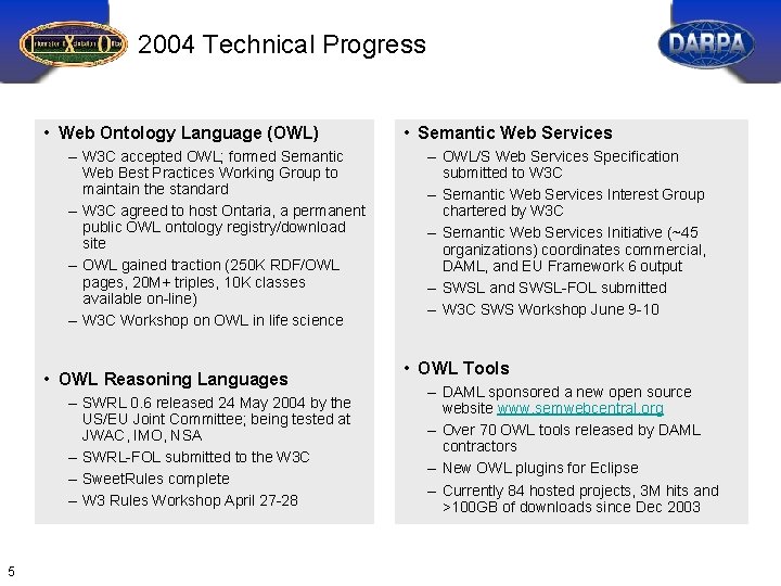 2004 Technical Progress • Web Ontology Language (OWL) – W 3 C accepted OWL;