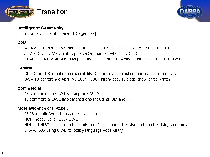 Transition Intelligence Community [6 funded pilots at different IC agencies] Do. D AF AMC