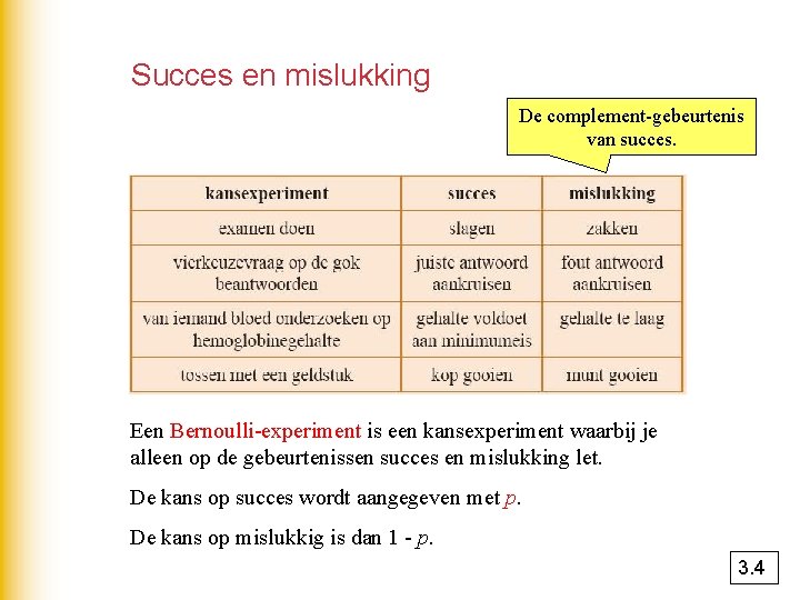 Succes en mislukking De complement-gebeurtenis van succes. Een Bernoulli-experiment is een kansexperiment waarbij je