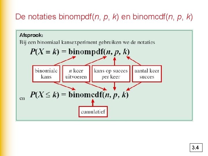 De notaties binompdf(n, p, k) en binomcdf(n, p, k) 3. 4 