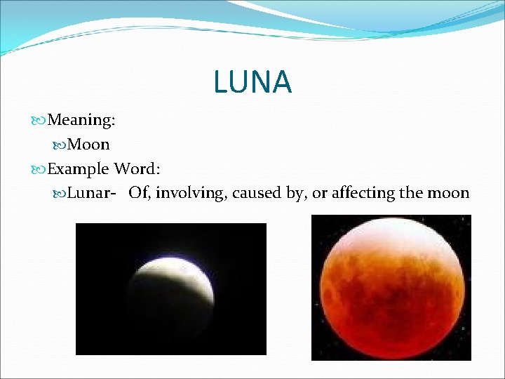 LUNA Meaning: Moon Example Word: Lunar- Of, involving, caused by, or affecting the moon