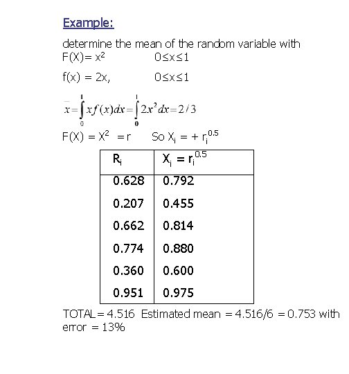 Example: determine the mean of the random variable with F(X)= x 2 0≤x≤ 1