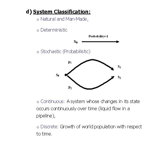 d) System Classification: o Natural and Man-Made, o Deterministic o Stochastic (Probabilistic) o Continuous: