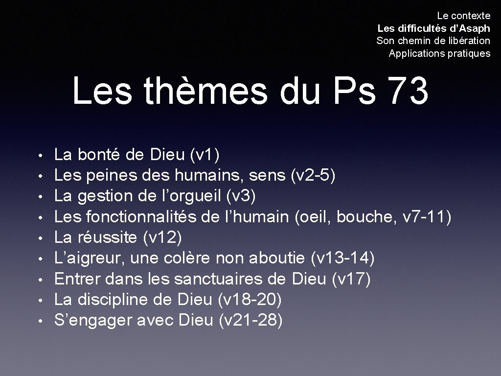 Le contexte Les difficultés d’Asaph Son chemin de libération Applications pratiques Les thèmes du