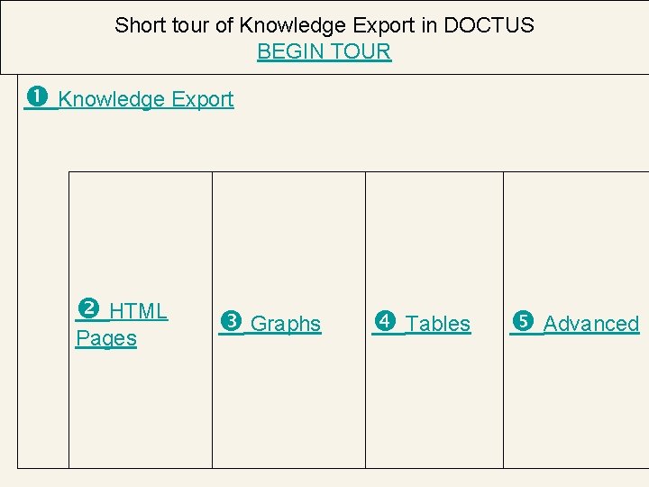 Short tour of Knowledge Export in DOCTUS BEGIN TOUR Knowledge Export HTML Pages Graphs