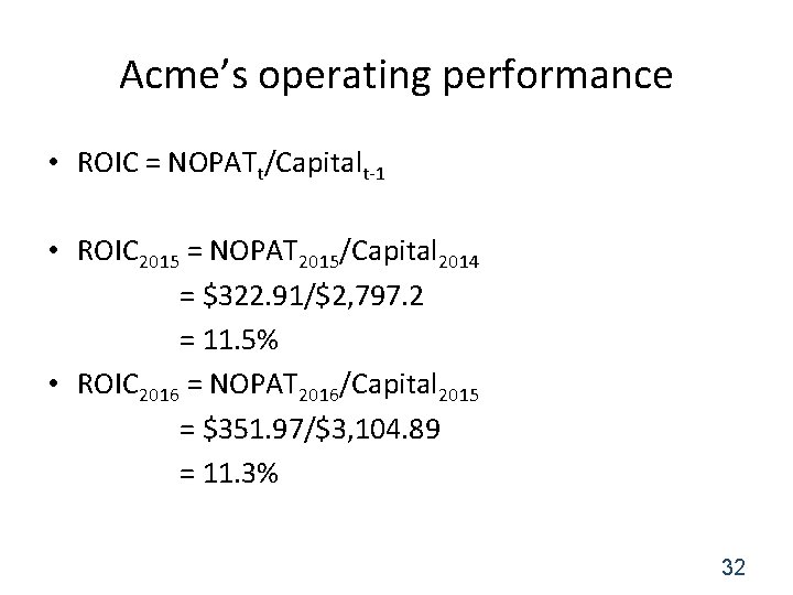 Acme’s operating performance • ROIC = NOPATt/Capitalt-1 • ROIC 2015 = NOPAT 2015/Capital 2014