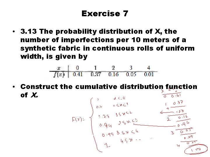 Exercise 7 • 3. 13 The probability distribution of X, the number of imperfections