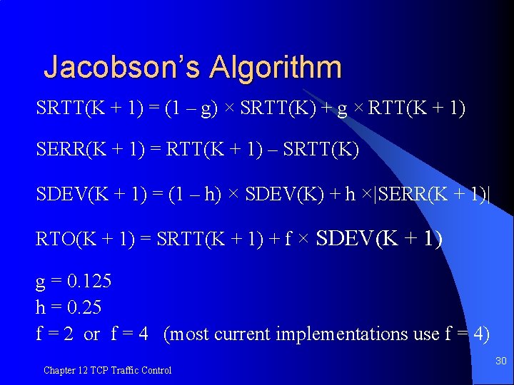 Jacobson’s Algorithm SRTT(K + 1) = (1 – g) × SRTT(K) + g ×