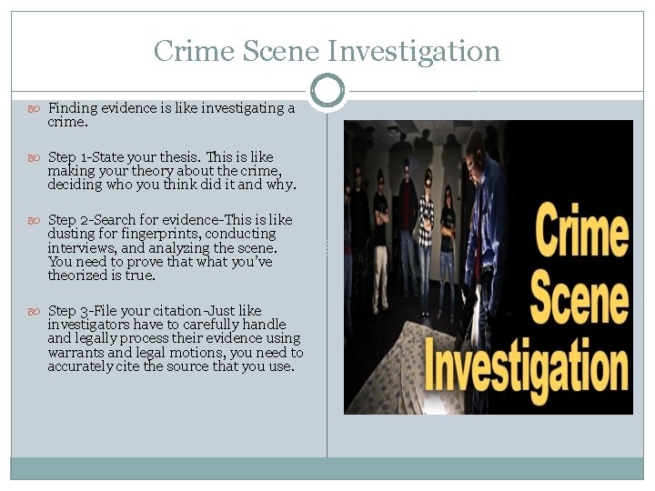 Crime Scene Investigation Finding evidence is like investigating a crime. Step 1 -State your