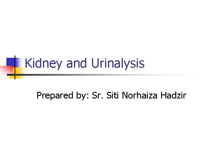 Kidney and Urinalysis Prepared by: Sr. Siti Norhaiza Hadzir 