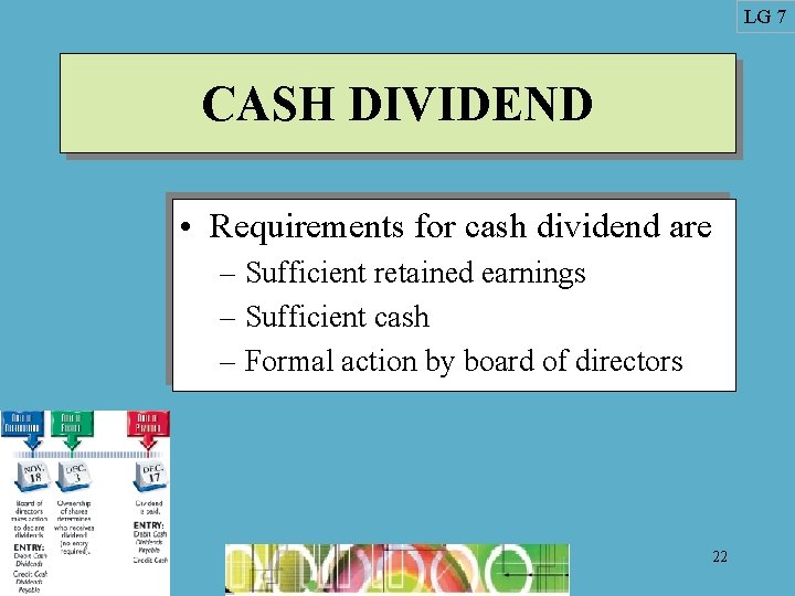 LG 7 CASH DIVIDEND • Requirements for cash dividend are – Sufficient retained earnings
