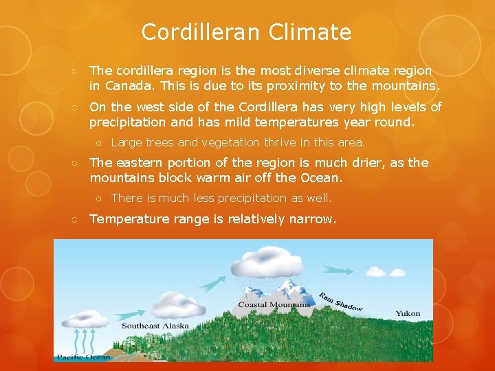 Cordilleran Climate ○ The cordillera region is the most diverse climate region in Canada.