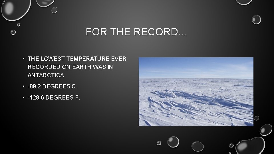 FOR THE RECORD… • THE LOWEST TEMPERATURE EVER RECORDED ON EARTH WAS IN ANTARCTICA