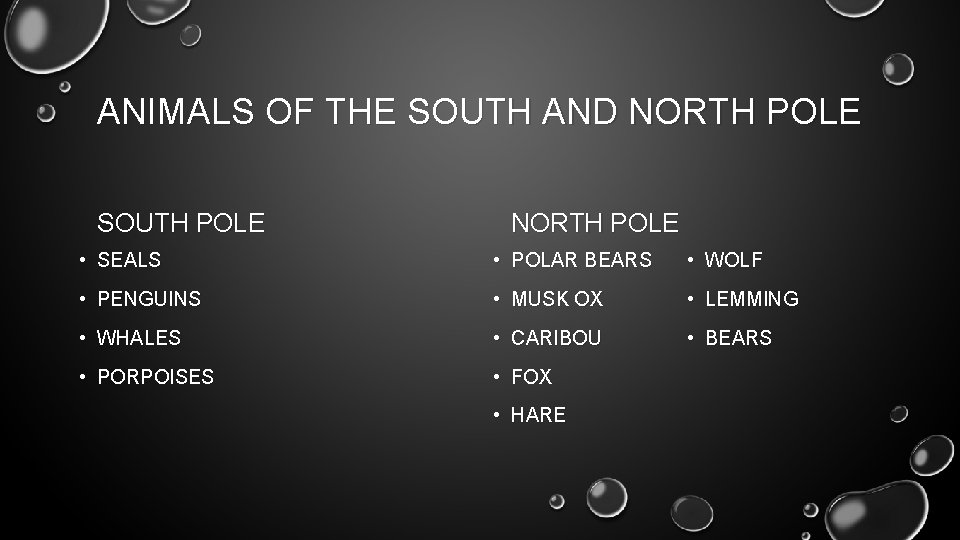 ANIMALS OF THE SOUTH AND NORTH POLE SOUTH POLE NORTH POLE • SEALS •