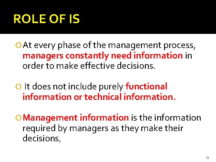 ROLE OF IS At every phase of the management process, managers constantly need information