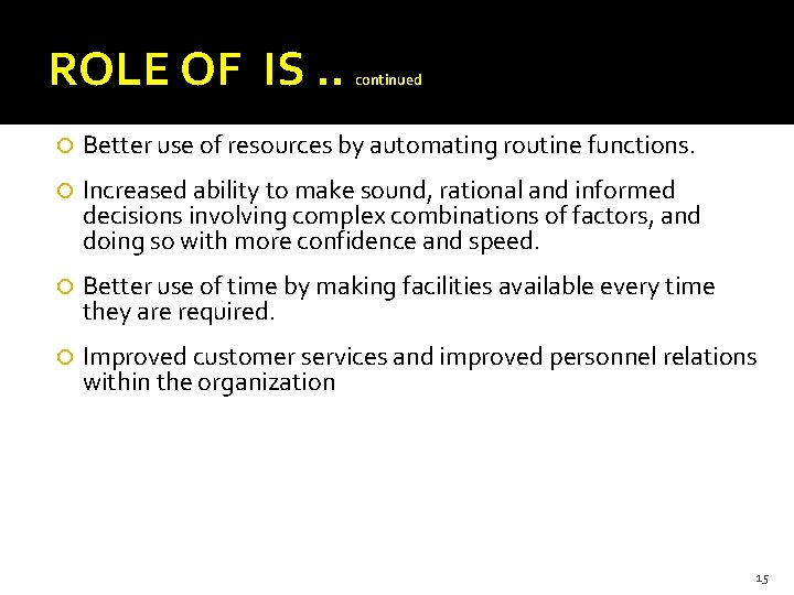 ROLE OF IS. . continued Better use of resources by automating routine functions. Increased